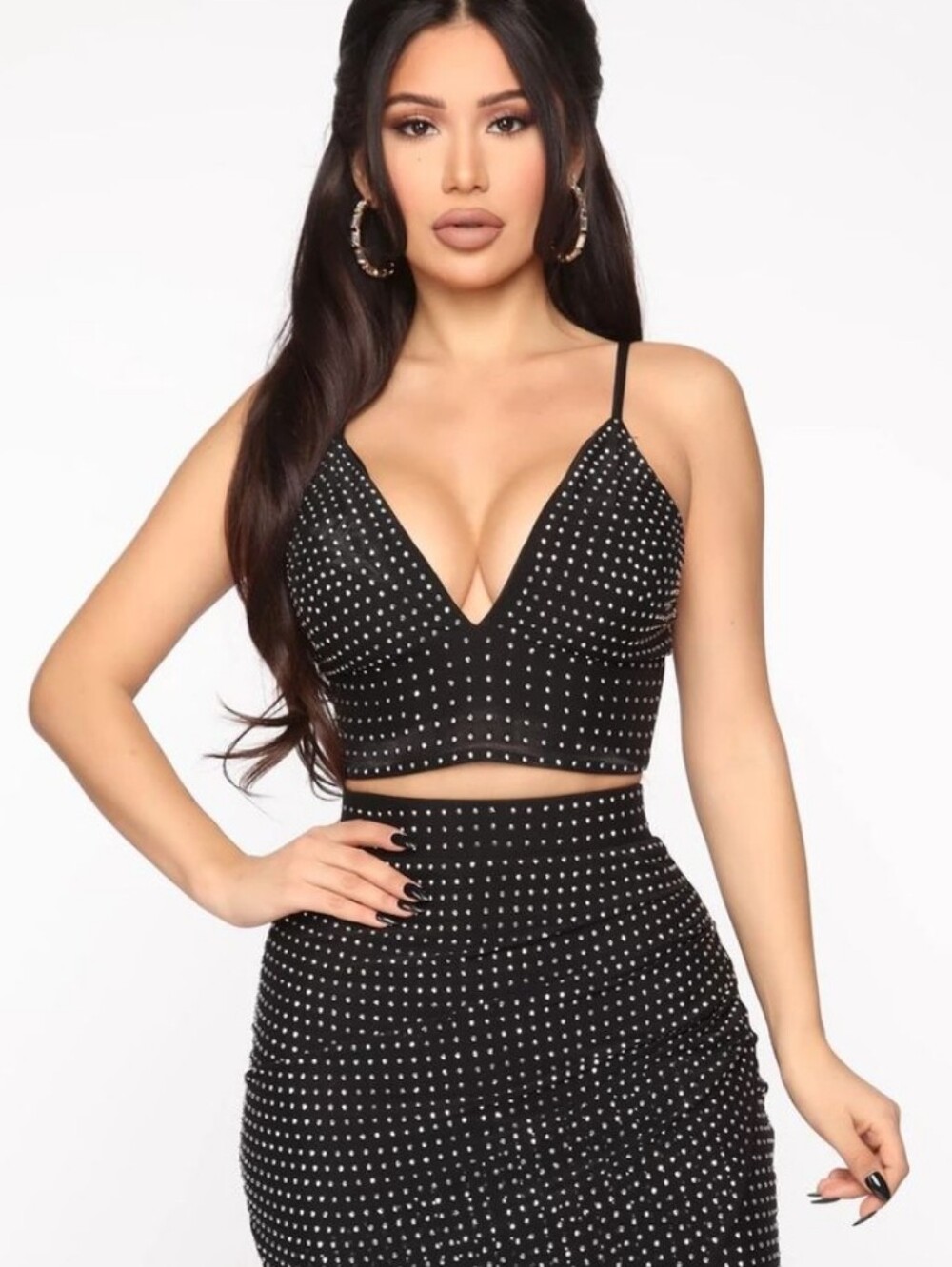 Fashion Nova Black Studded Two-Piece Pencil Skirt Set